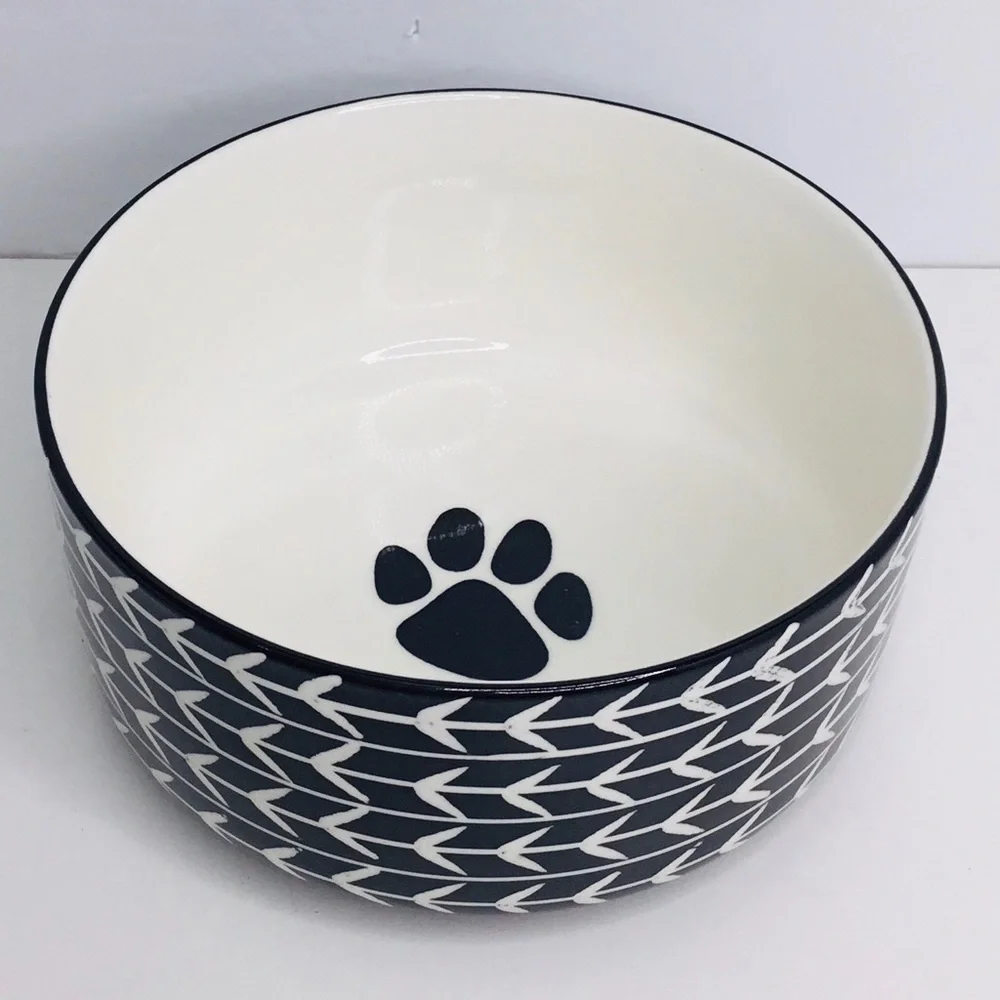 Signature Houseware WHITE ARROW Pet Bowl Cat Dog Water Food Ceramic Bla…